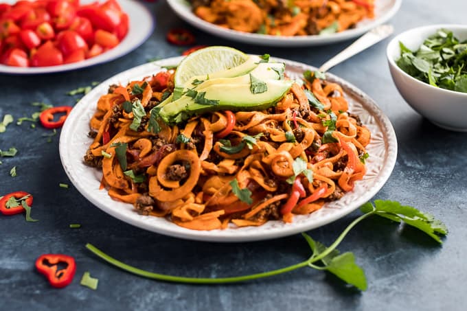 Easy Whole30 Enchilada Beef: Sweet Potato Noodles Focus